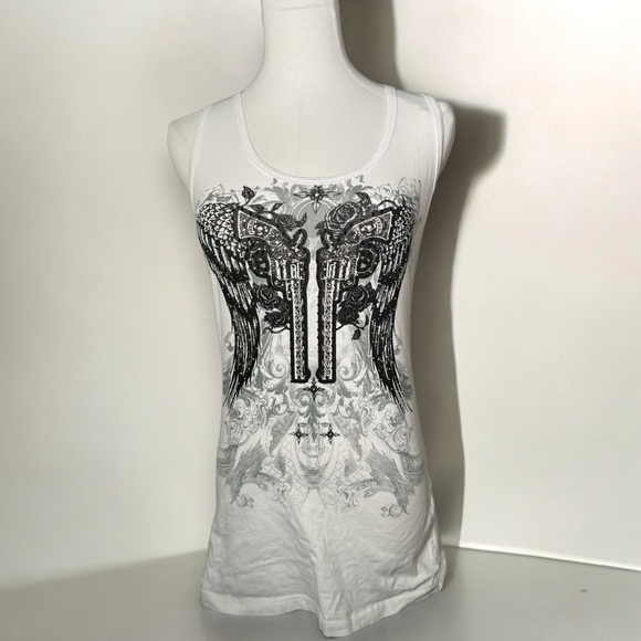 bus stop Tops - Vintage Y2K angel deputy bling rhinestone distressed tank  top whimsygoth M